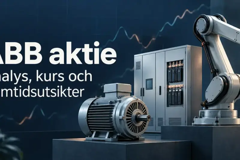 Illustration med rubriken ABB aktie, en industrirobot, en elmotor och ett elskåp framför en stiliserad börskurva på mörkblå bakgrund.
