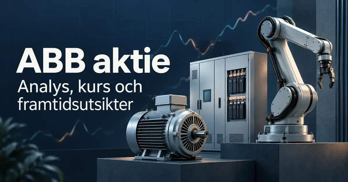 Illustration med rubriken ABB aktie, en industrirobot, en elmotor och ett elskåp framför en stiliserad börskurva på mörkblå bakgrund.