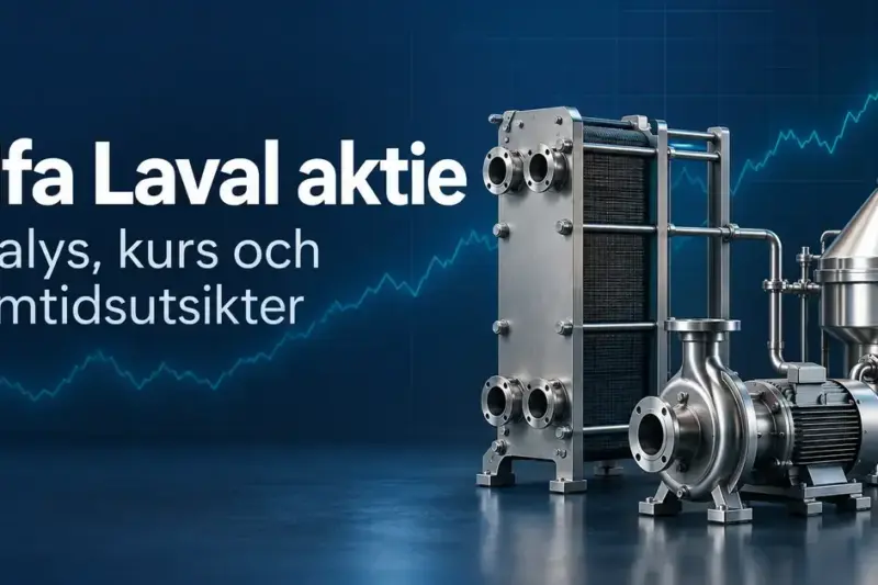 Illustration av en värmeväxlare, en separator och en pump framför en schematisk börskurva med texten ”Alfa Laval aktie – Analys, kurs och framtidsutsikter”.