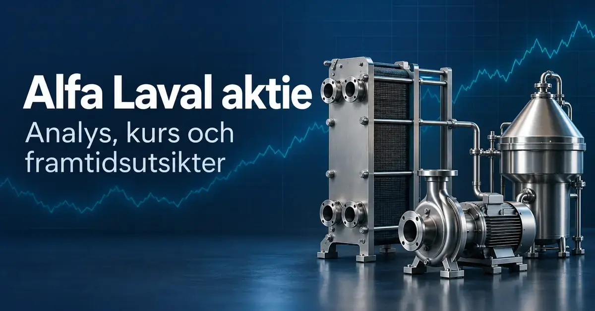 Illustration av en värmeväxlare, en separator och en pump framför en schematisk börskurva med texten ”Alfa Laval aktie – Analys, kurs och framtidsutsikter”.
