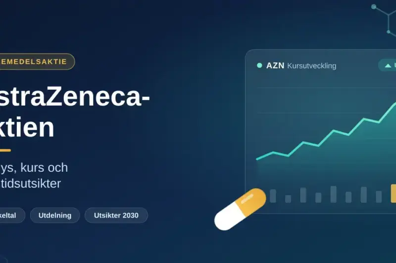 Grafisk illustration med rubriken ”AstraZeneca-aktien – analys, kurs och framtidsutsikter” bredvid ett stigande aktiediagram, en läkemedelskapsel och molekylsymboler mot mörkblå bakgrund.