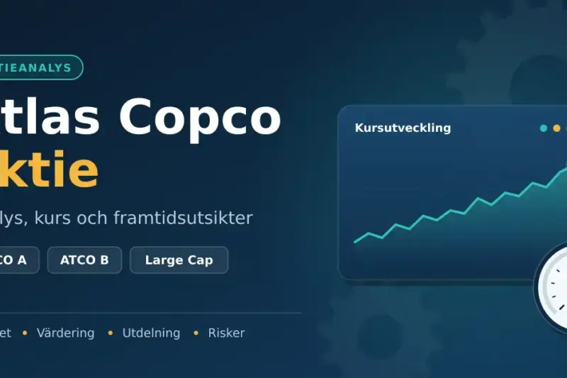 Grafisk bild för artikeln om Atlas Copco-aktien med rubriken "Atlas Copco aktie", aktieslagen ATCO A och ATCO B, en stigande kursgraf, en tryckmätare och kugghjul mot mörkblå bakgrund.