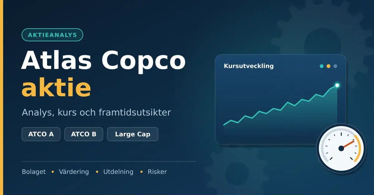 Grafisk bild för artikeln om Atlas Copco-aktien med rubriken "Atlas Copco aktie", aktieslagen ATCO A och ATCO B, en stigande kursgraf, en tryckmätare och kugghjul mot mörkblå bakgrund.