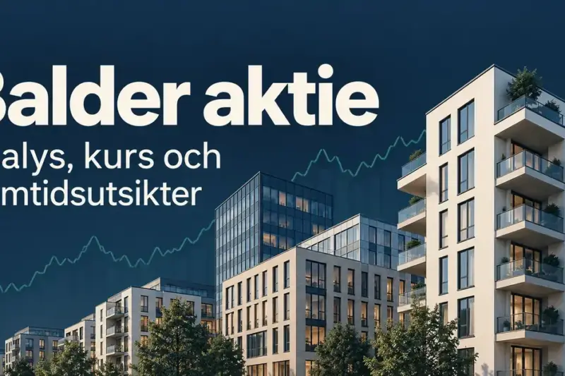 Illustration av moderna bostads- och kontorsfastigheter med en stiliserad börskurva och texten ”Balder aktie – Analys, kurs och framtidsutsikter”.