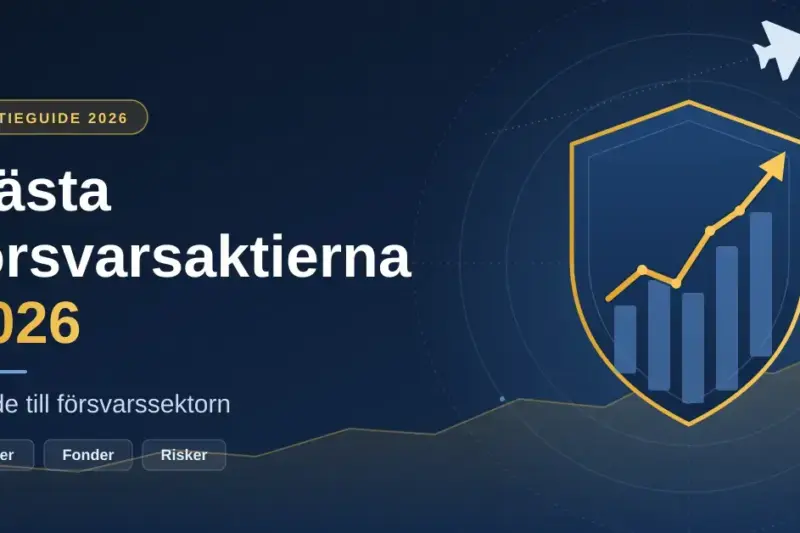 Grafisk illustration i mörkblått och guld med texten "Bästa försvarsaktierna 2026 – Guide till försvarssektorn" bredvid en sköld med ett stigande aktiediagram, radarcirklar och ett stridsflygplan i siluett.