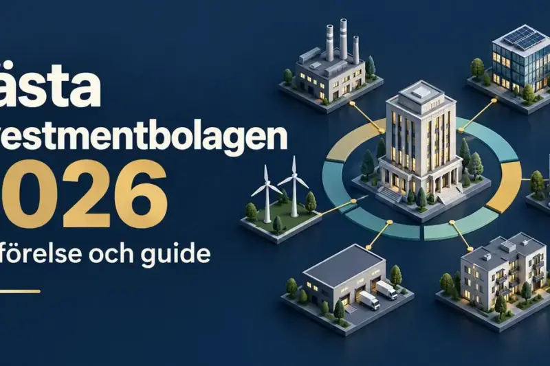 Illustration av ett investmentbolag kopplat till företag inom olika branscher, med texten ”Bästa investmentbolagen 2026 – Jämförelse och guide”.