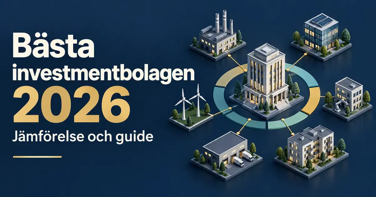 Illustration av ett investmentbolag kopplat till företag inom olika branscher, med texten ”Bästa investmentbolagen 2026 – Jämförelse och guide”.