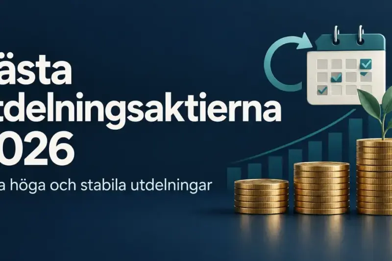 Illustration med myntstaplar, en växt och en utdelningskalender intill texten ”Bästa utdelningsaktierna 2026 – Hitta höga och stabila utdelningar”.