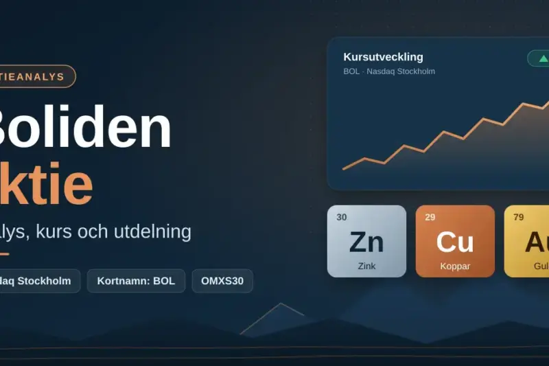 Grafisk illustration med rubriken ”Boliden aktie – analys, kurs och utdelning” bredvid ett stigande kursdiagram och grundämnesbrickor för zink, koppar och guld framför ett stiliserat gruvlandskap.