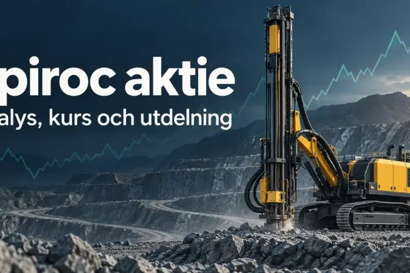 Gul borrigg i ett dagbrott med en stiliserad börskurva och texten ”Epiroc aktie – Analys, kurs och utdelning”.