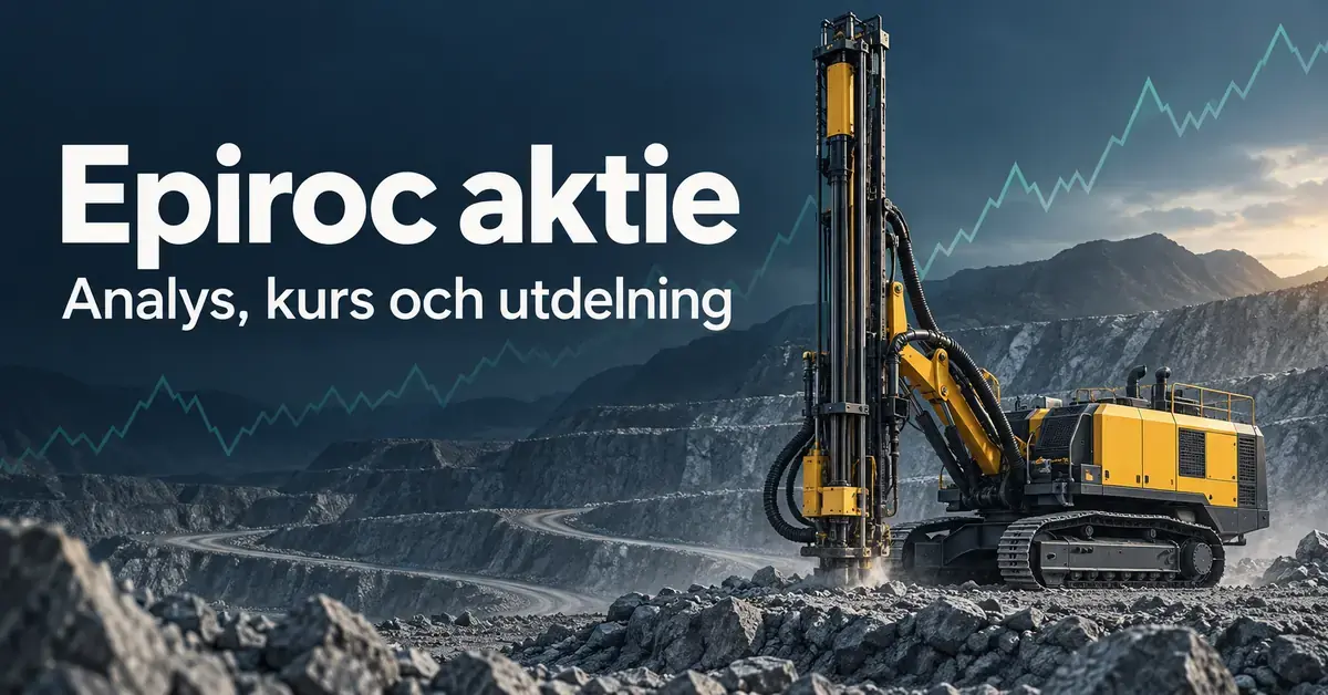 Gul borrigg i ett dagbrott med en stiliserad börskurva och texten ”Epiroc aktie – Analys, kurs och utdelning”.