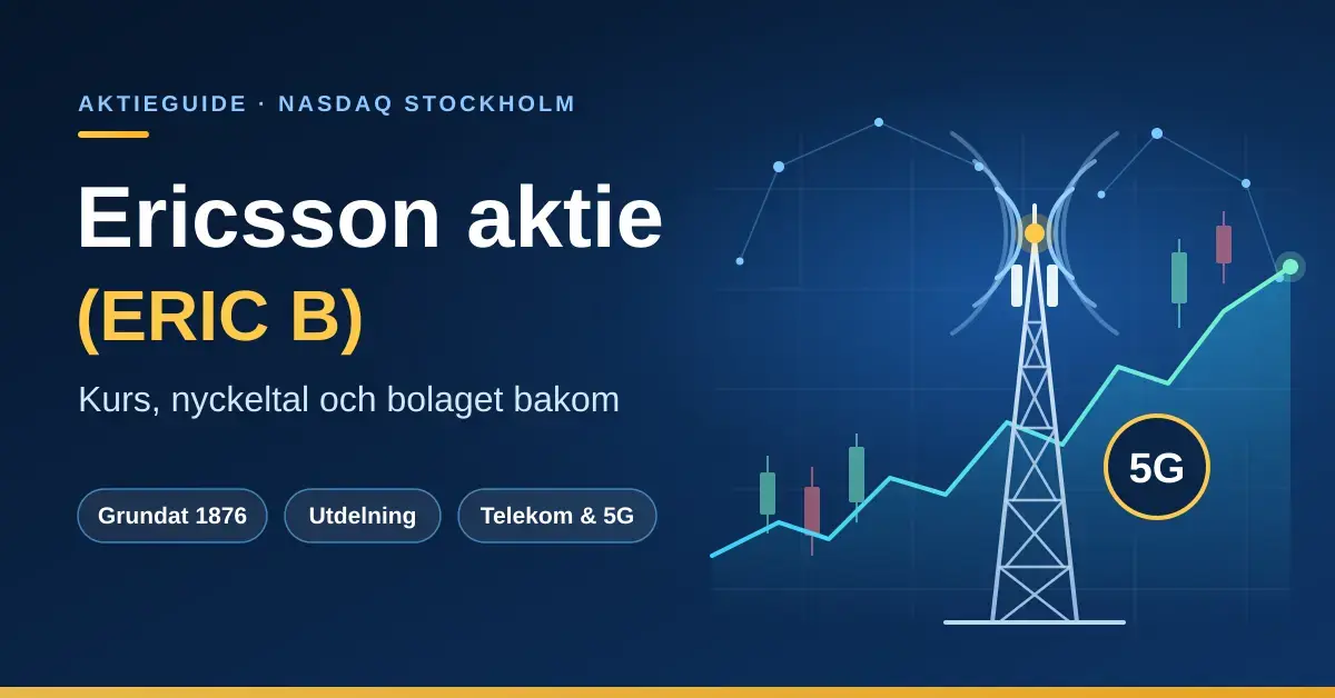 Grafik för Ericsson-aktien (ERIC B) med rubriken ”Kurs, nyckeltal och bolaget bakom”, en stiliserad telekommast med 5G-signaler och en stigande kursgraf mot mörkblå bakgrund.