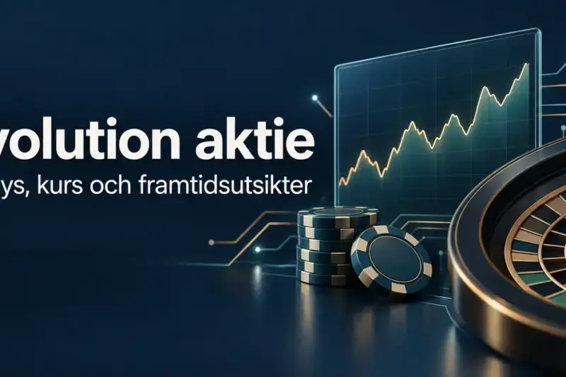 Illustration till en analys av Evolution aktie med en stiliserad börskurva, spelmarker och ett roulettehjul mot mörkblå bakgrund.