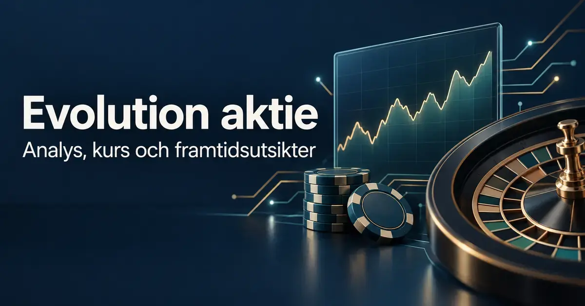 Illustration till en analys av Evolution aktie med en stiliserad börskurva, spelmarker och ett roulettehjul mot mörkblå bakgrund.