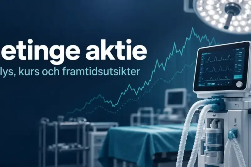 Illustration med texten ”Getinge aktie – Analys, kurs och framtidsutsikter”, medicinteknisk utrustning och en stiliserad börskurva mot mörkblå bakgrund.