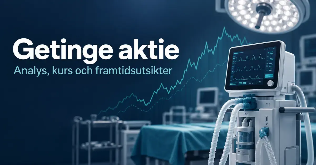 Illustration med texten ”Getinge aktie – Analys, kurs och framtidsutsikter”, medicinteknisk utrustning och en stiliserad börskurva mot mörkblå bakgrund.