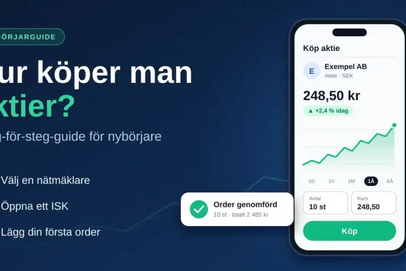 Illustration med rubriken ”Hur köper man aktier?”, tre steg för nybörjare – välj en nätmäklare, öppna ett ISK och lägg din första order – samt en mobil som visar en stigande aktiekurs, en köpknapp och en bekräftelse på genomförd order.