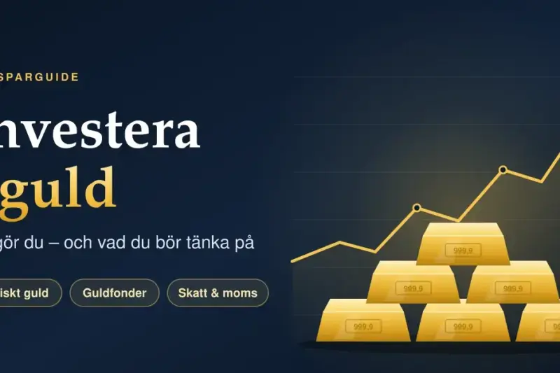 Grafik med rubriken "Investera i guld" och en pyramid av guldtackor framför en stigande kurva på mörkblå bakgrund, med etiketterna fysiskt guld, guldfonder samt skatt och moms.