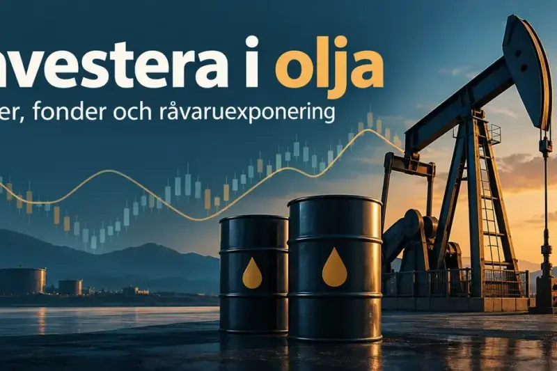 Oljepump och oljefat framför ett stiliserat börsdiagram med texten ”Investera i olja – Aktier, fonder och råvaruexponering”.