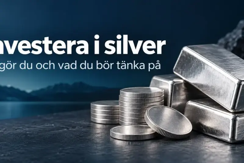 Silvertackor och silvermynt mot mörkblå bakgrund med rubriken ”Investera i silver” och underrubriken ”Så gör du och vad du bör tänka på”.