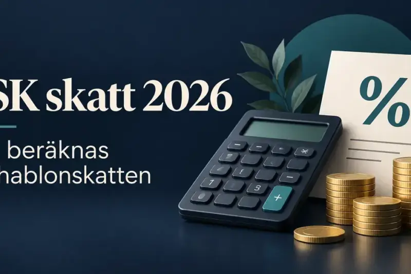 Illustration om ISK-skatt 2026 med texten ”Så beräknas schablonskatten”, en miniräknare, myntstaplar och ett procenttecken mot mörkblå bakgrund.