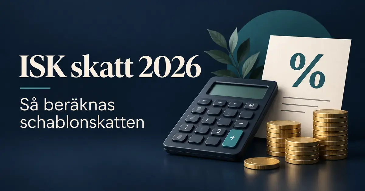 Illustration om ISK-skatt 2026 med texten ”Så beräknas schablonskatten”, en miniräknare, myntstaplar och ett procenttecken mot mörkblå bakgrund.