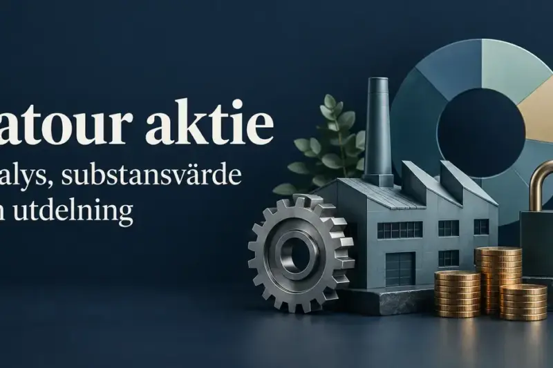 Illustration av en industribyggnad, ett kugghjul, ett hänglås, myntstaplar och ett cirkeldiagram intill texten ”Latour aktie – Analys, substansvärde och utdelning”.