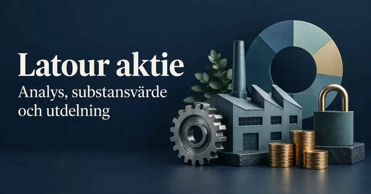 Illustration av en industribyggnad, ett kugghjul, ett hänglås, myntstaplar och ett cirkeldiagram intill texten ”Latour aktie – Analys, substansvärde och utdelning”.
