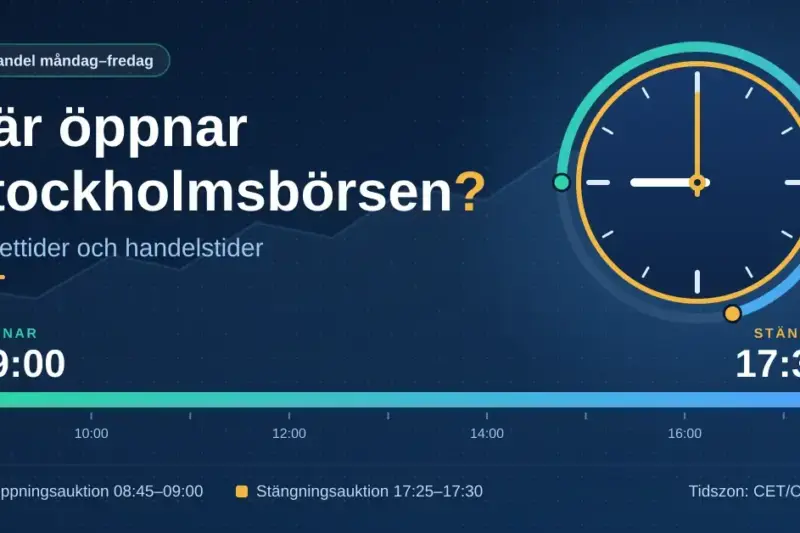 Grafik med en klocka som visar 09:00 och en tidslinje över handelsdagen på Stockholmsbörsen, som öppnar klockan 09:00 och stänger klockan 17:30 måndag till fredag.