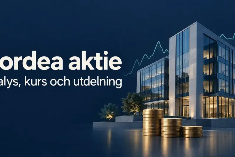 Illustration med texten ”Nordea aktie – Analys, kurs och utdelning”, en modern bankbyggnad, myntstaplar och en stiliserad börskurva mot mörkblå bakgrund.