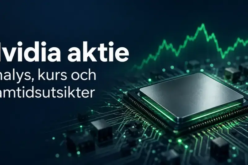 Illustration av ett AI-chip på ett kretskort med en grön börskurva och texten ”Nvidia aktie – Analys, kurs och framtidsutsikter”.