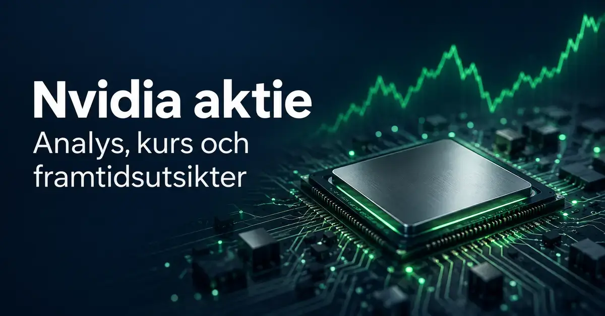 Illustration av ett AI-chip på ett kretskort med en grön börskurva och texten ”Nvidia aktie – Analys, kurs och framtidsutsikter”.