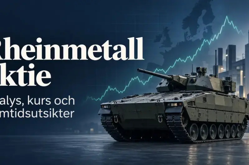 Illustration av ett pansarfordon framför en fabrik, en stiliserad börskurva och texten ”Rheinmetall aktie – Analys, kurs och framtidsutsikter”.