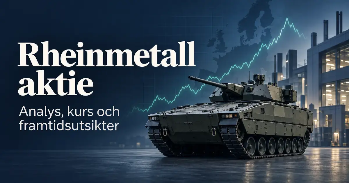 Illustration av ett pansarfordon framför en fabrik, en stiliserad börskurva och texten ”Rheinmetall aktie – Analys, kurs och framtidsutsikter”.