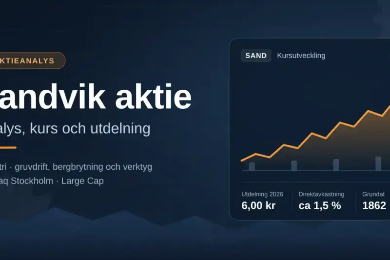 Grafisk bild med rubriken ”Sandvik aktie” och underrubriken ”Analys, kurs och utdelning” bredvid ett stigande kursdiagram för SAND med nyckeltal som utdelning 6,00 kr, direktavkastning cirka 1,5 % och grundat 1862, mot en mörkblå industribakgrund med kugghjul och bergsilhuett.