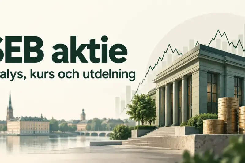 Illustration av en bankbyggnad, myntstaplar och en schematisk börskurva med texten ”SEB aktie – Analys, kurs och utdelning”.