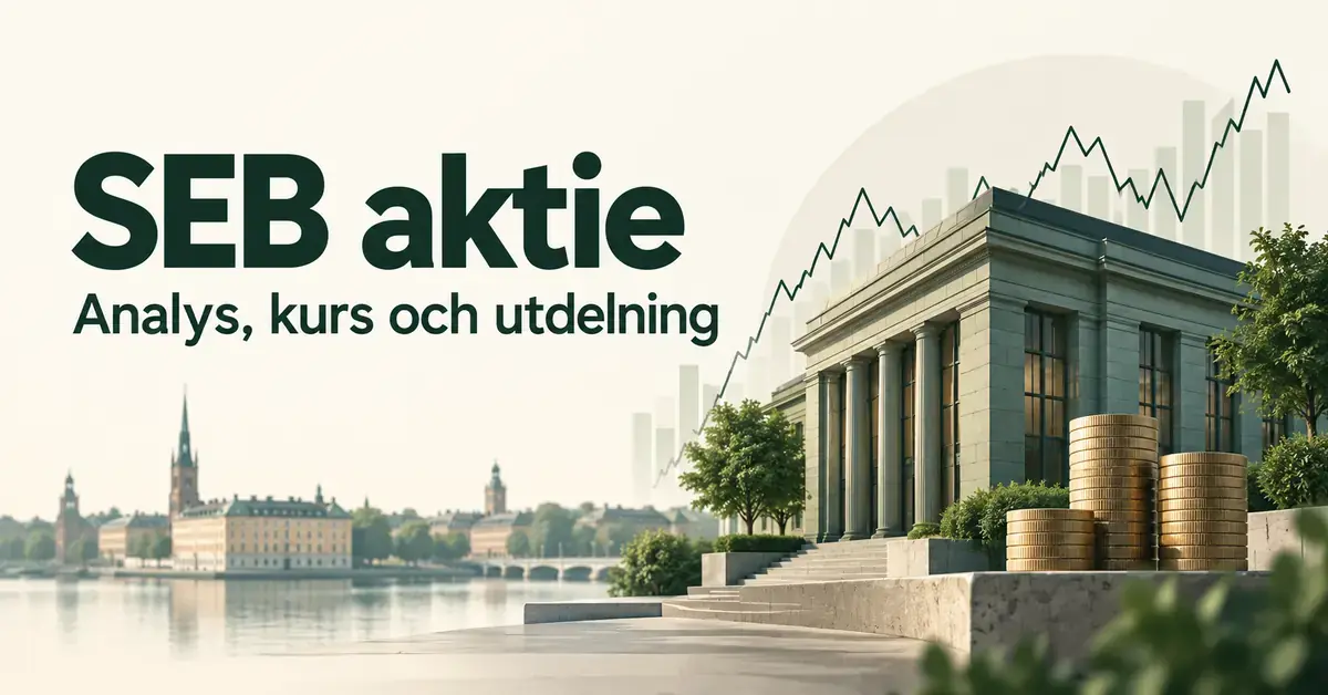 Illustration av en bankbyggnad, myntstaplar och en schematisk börskurva med texten ”SEB aktie – Analys, kurs och utdelning”.