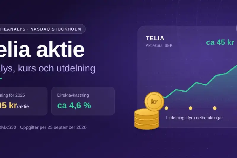 Grafisk illustration med rubriken "Telia aktie" och underrubriken "Analys, kurs och utdelning", ett stigande kursdiagram, guldmynt och en telemast samt nyckeltal för utdelningen på 2,05 kronor per aktie och en direktavkastning på cirka 4,6 procent.