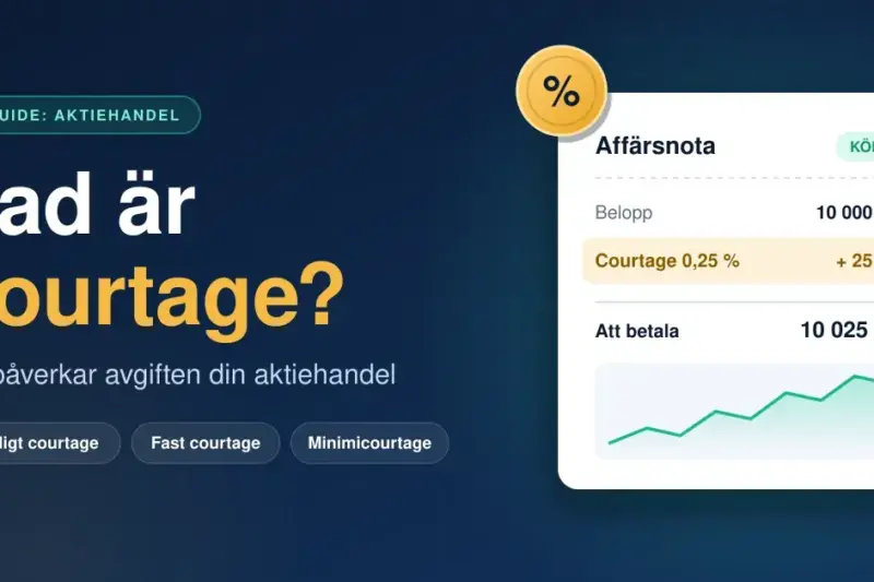 Grafik med rubriken ”Vad är courtage?” bredvid en affärsnota som visar ett aktieköp på 10 000 kr med 0,25 % courtage, det vill säga 25 kr, och totalt 10 025 kr att betala.