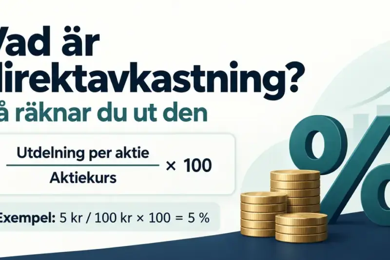 Grafik som visar formeln för direktavkastning, utdelning per aktie delat med aktiekursen gånger 100, med ett räkneexempel på 5 procent samt myntstaplar och ett procenttecken.