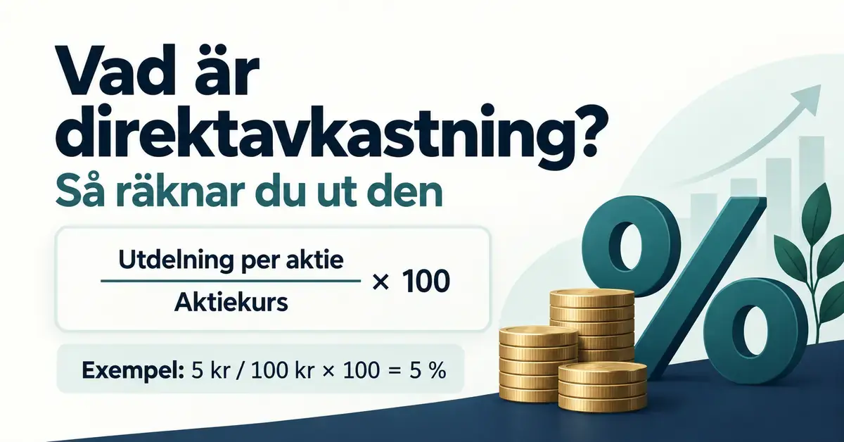 Grafik som visar formeln för direktavkastning, utdelning per aktie delat med aktiekursen gånger 100, med ett räkneexempel på 5 procent samt myntstaplar och ett procenttecken.