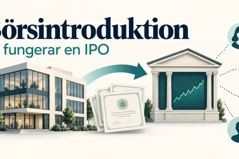 Illustration av en börsintroduktion där ett företag kopplas till börsen och nya aktieägare, med rubriken ”Börsintroduktion – Så fungerar en IPO”.