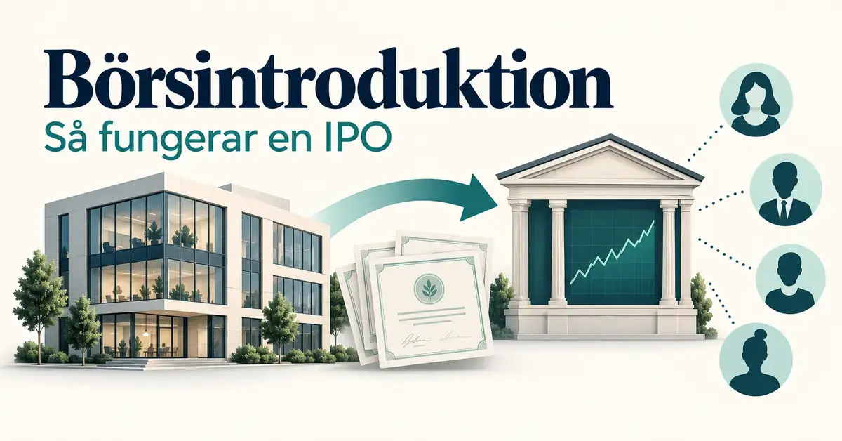 Illustration av en börsintroduktion där ett företag kopplas till börsen och nya aktieägare, med rubriken ”Börsintroduktion – Så fungerar en IPO”.