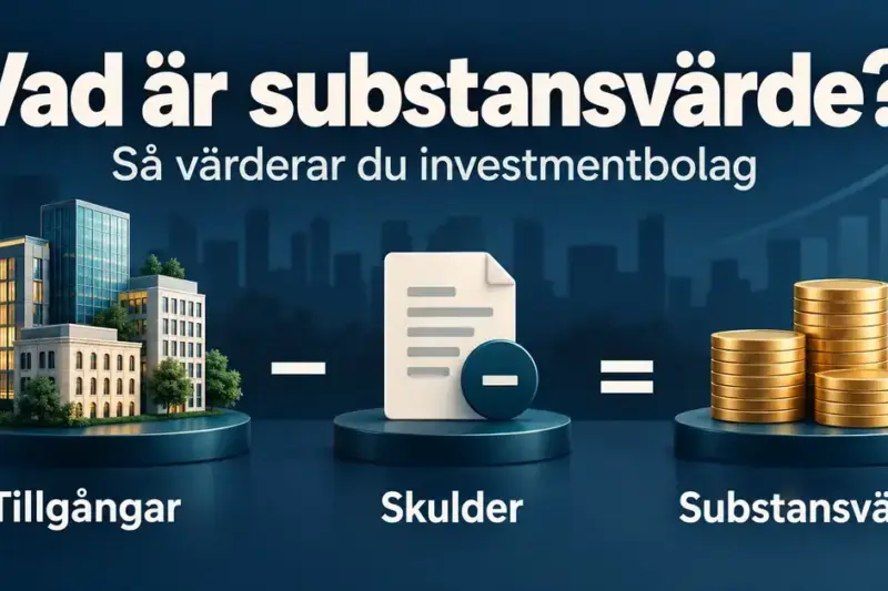 Illustration som visar hur tillgångar i form av fastigheter minus skulder ger substansvärdet, representerat av myntstaplar.