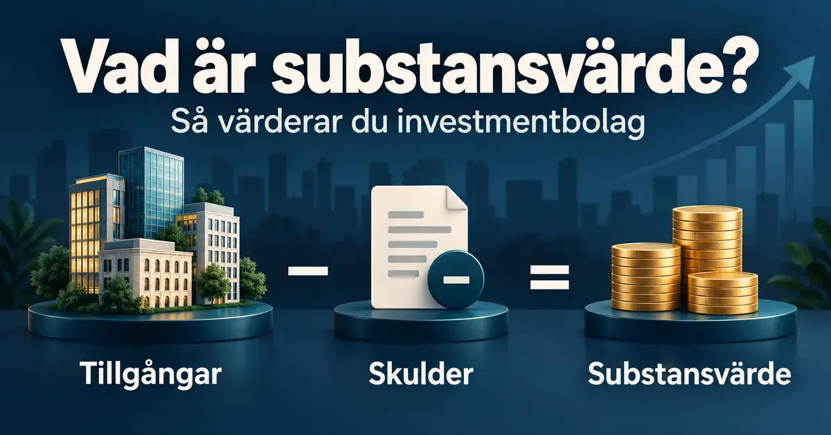Illustration som visar hur tillgångar i form av fastigheter minus skulder ger substansvärdet, representerat av myntstaplar.