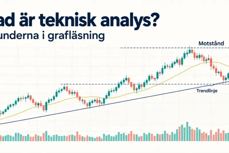 Illustration av teknisk analys med en aktiegraf som visar kursstaplar, trendlinje, stöd, motstånd och handelsvolym.