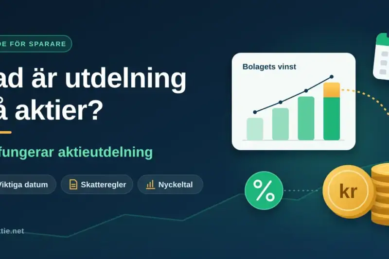 Illustration med rubriken ”Vad är utdelning på aktier?” bredvid ett stapeldiagram över bolagets vinst, där en guldmarkerad del flödar vidare till en stapel mynt i kronor, tillsammans med en kalender och en procentsymbol.