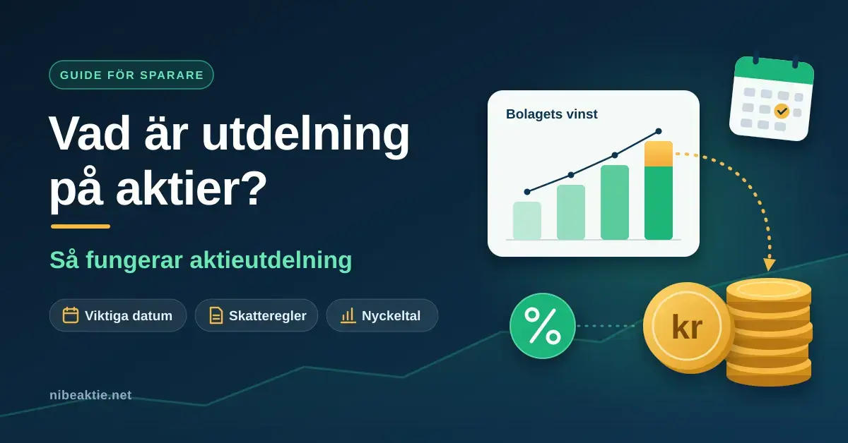 Illustration med rubriken ”Vad är utdelning på aktier?” bredvid ett stapeldiagram över bolagets vinst, där en guldmarkerad del flödar vidare till en stapel mynt i kronor, tillsammans med en kalender och en procentsymbol.